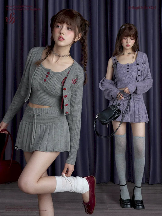 Knitted camisole cardigan skirt set