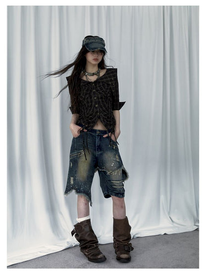 Punk street washed and worn wide-leg jeans