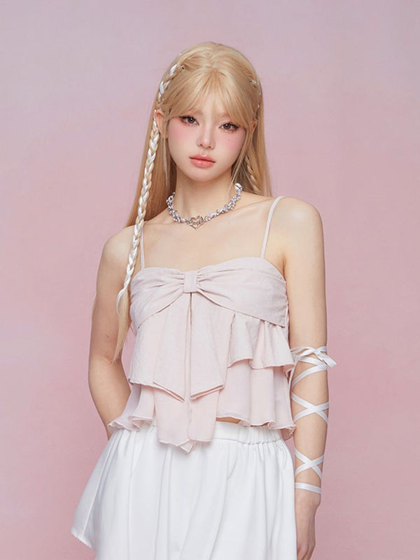 Bow Double Pleated Irregular Ruffle Camisole