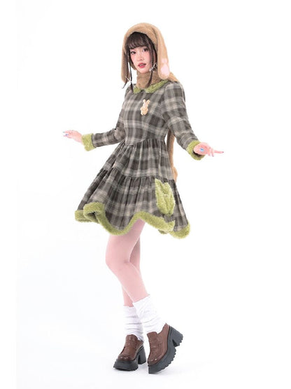 Bunny Doll Green Brown Plaid Petal Dress