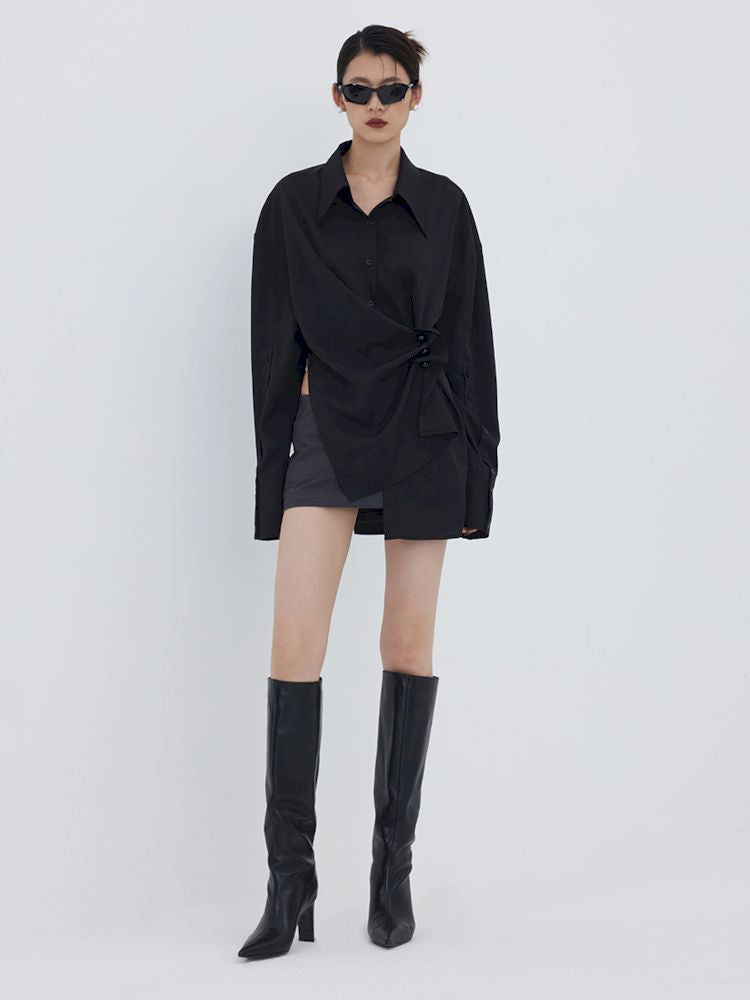 Asymmetric Hem Pleated Loose Pointed Collar Shirt