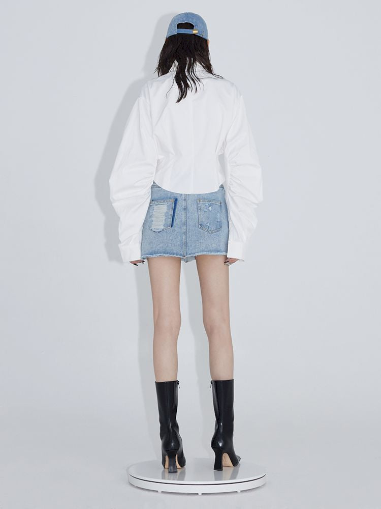 Pinch pleated broken holes Raw edge denim skirt