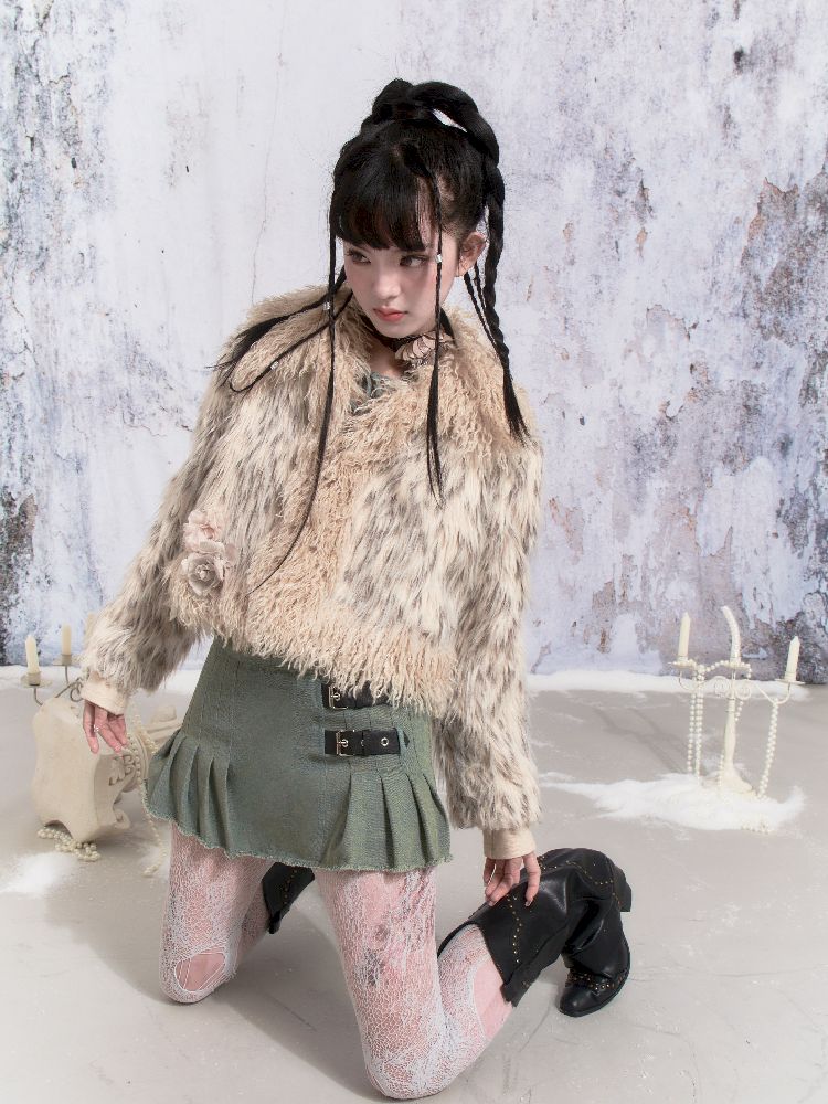 Beige Stripe Patchwork Fox Fur Coat