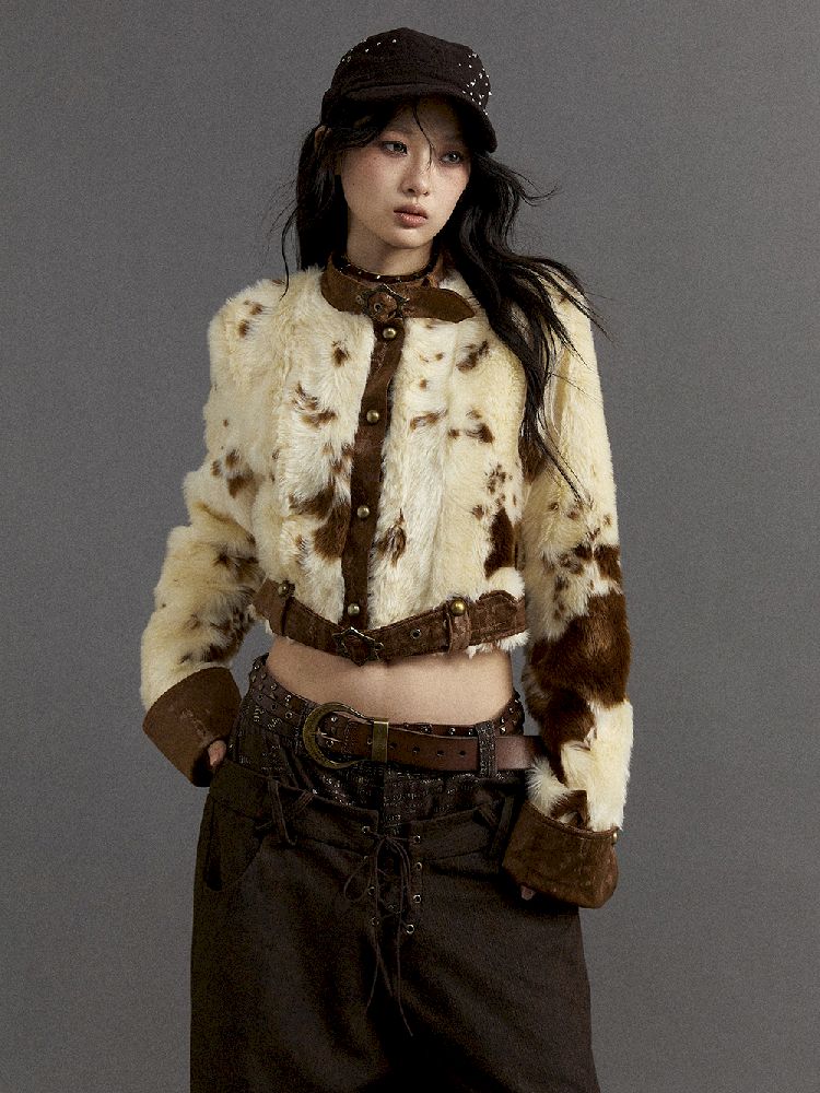 Patchwork collar short fur coat