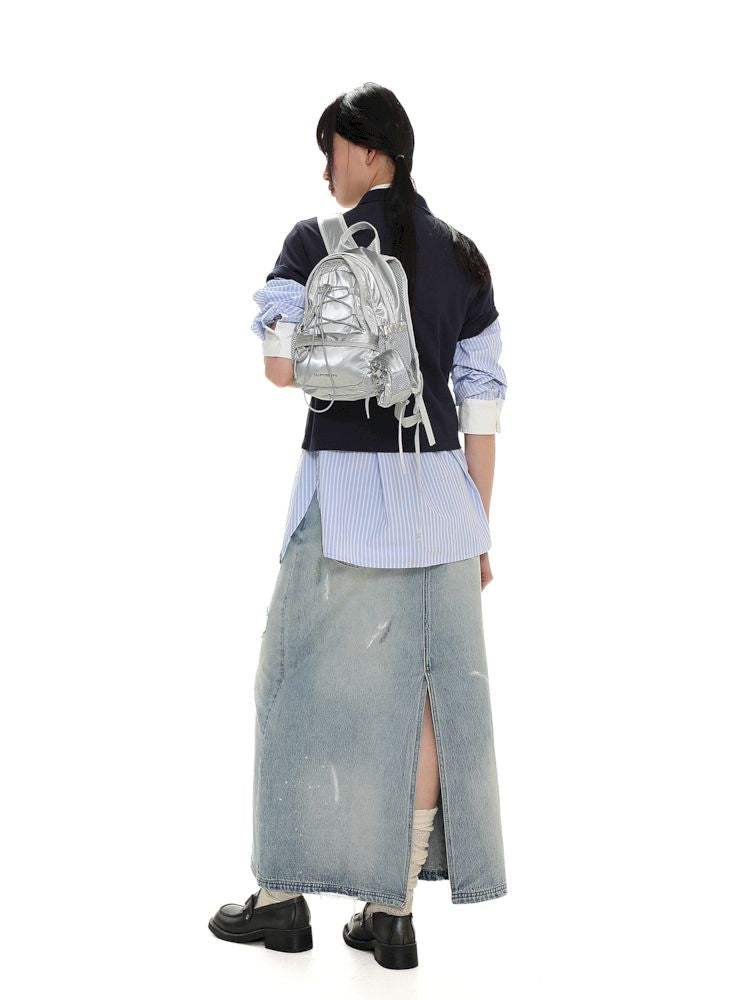 Multiple holes denim long skirt