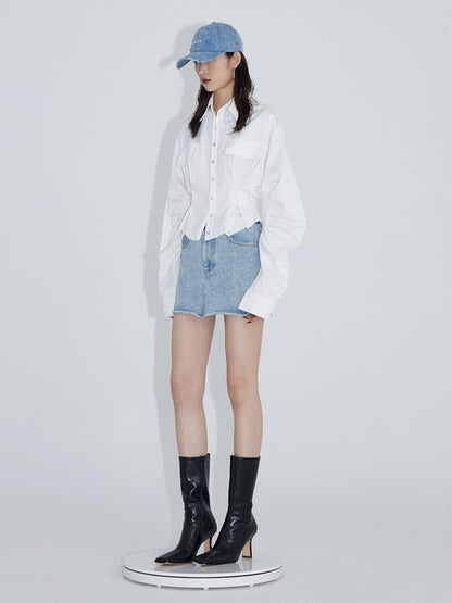 Pinch Pleated Curved Sleeve Short Shirt