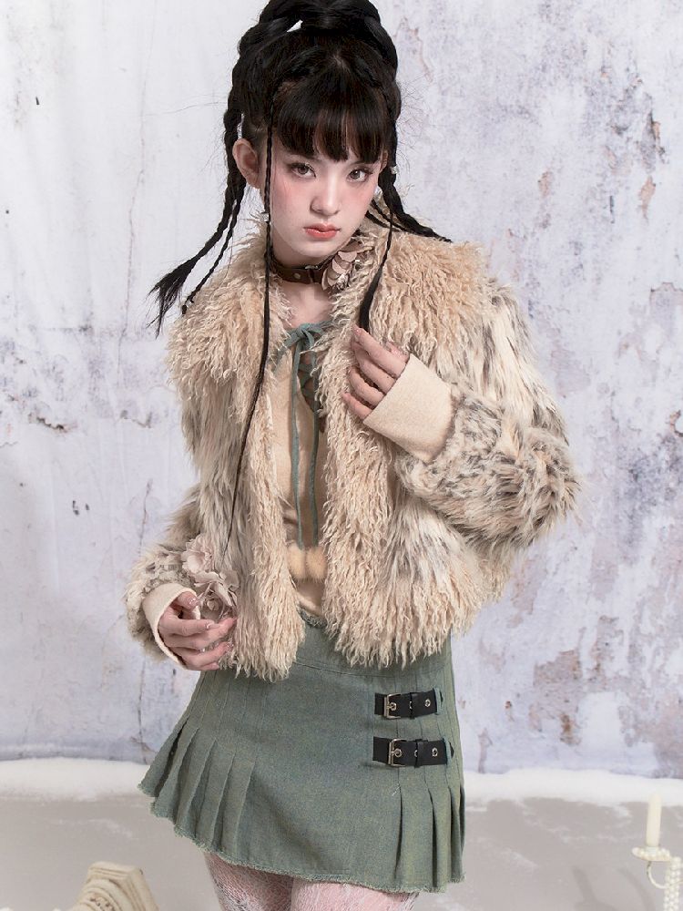 Beige Stripe Patchwork Fox Fur Coat