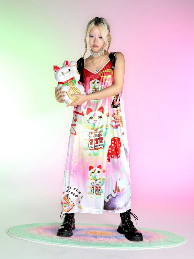 Fortune Cat Printed Silk Halter Dress