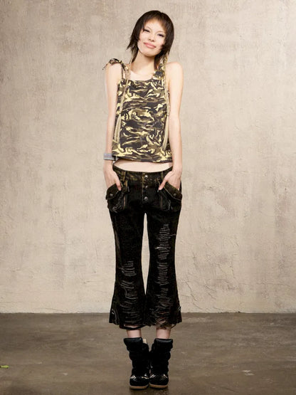 Rhinestone Camouflage Asymmetric Vest