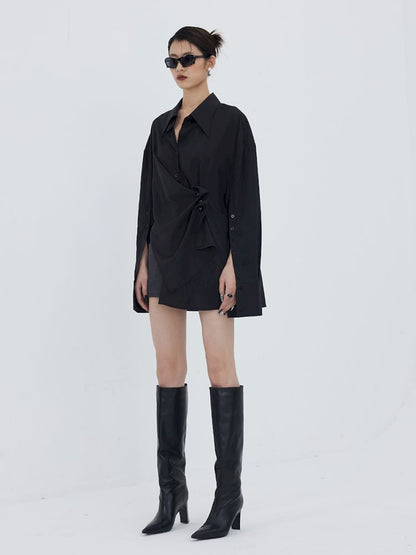 Asymmetric Hem Pleated Loose Pointed Collar Shirt