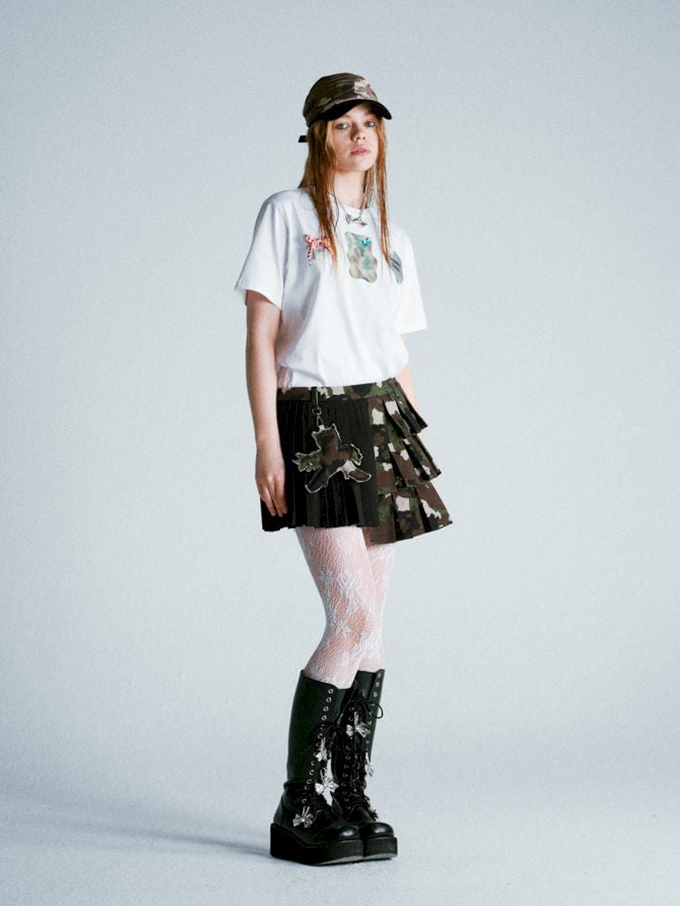 Patchwork Camouflage Pleated Skirt