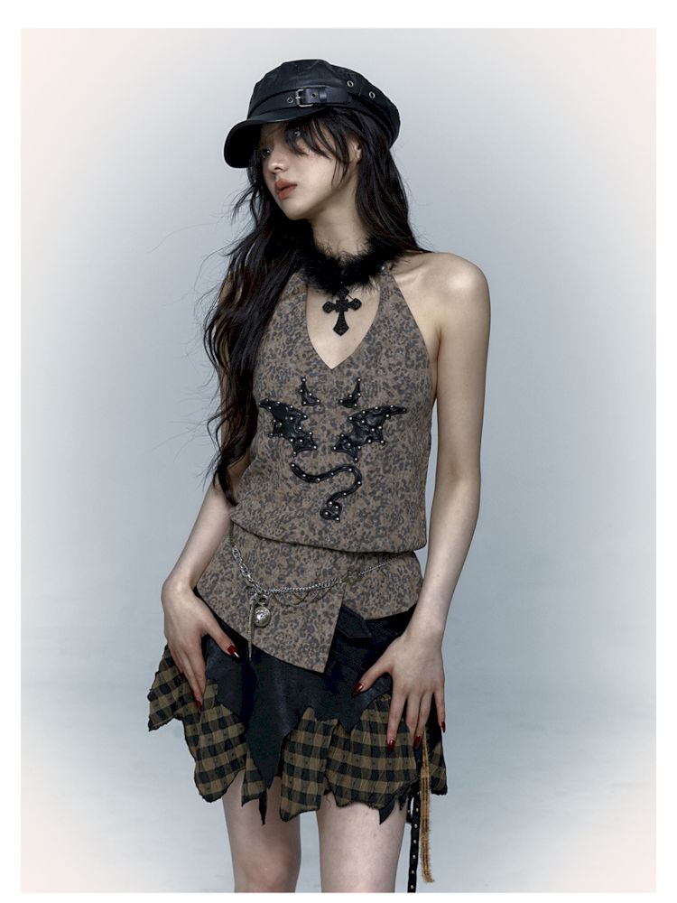 Embroidered Leopard Print Hanging Neck Vest Camisole