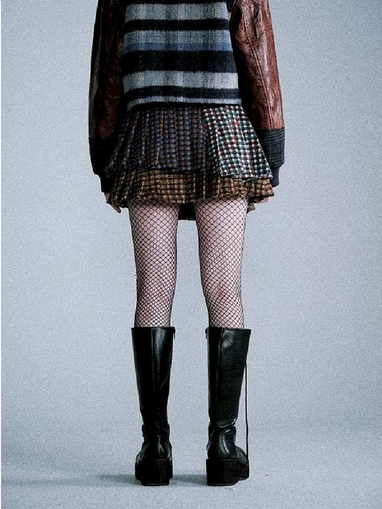 Three-color plaid splicing pleated skirt