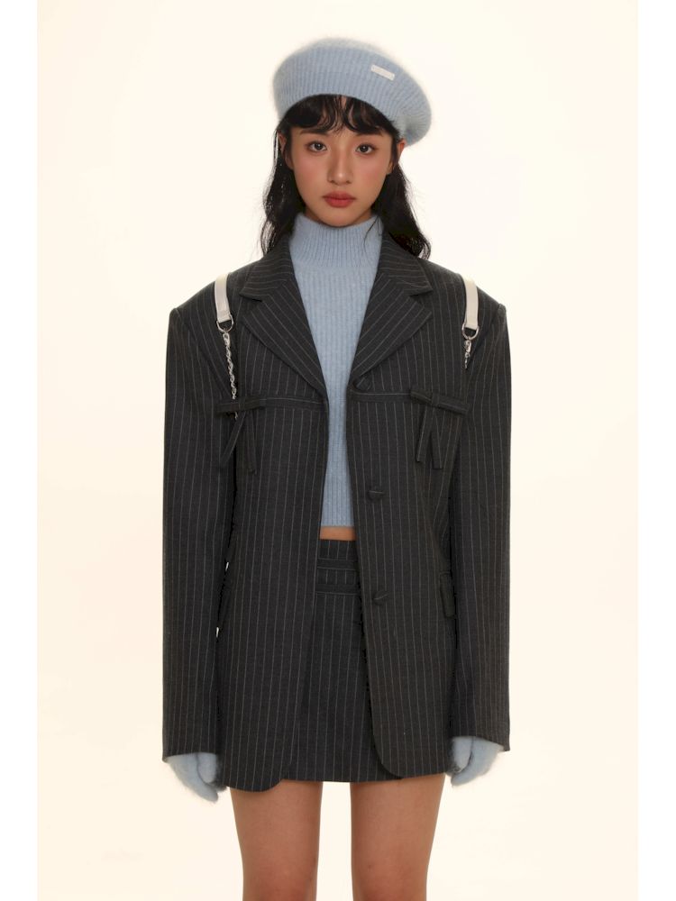 Woven Vertical Stripe Bow Blazer Pair Pleated Halter Skirt