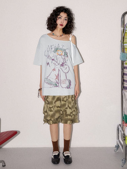 "Roll Zone Painter" Off-shoulder Short Sleeve T-Shirt