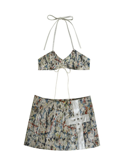 Summer Bikini Beach Holiday Patchwork Skirt Corset Set