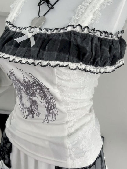 One Neck White Plaid Lace Angel Skull Short Short Sleeve T-Shirt