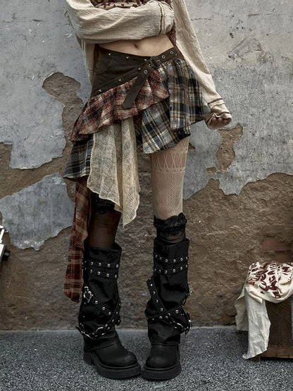 Spliced Plaid Irregular Half-body Skirt