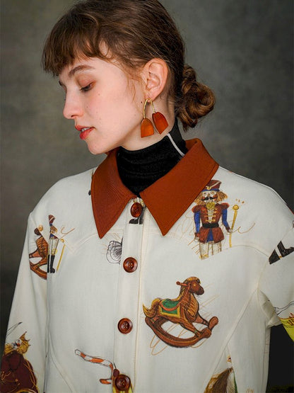 British retro brown red polo collar short jacket