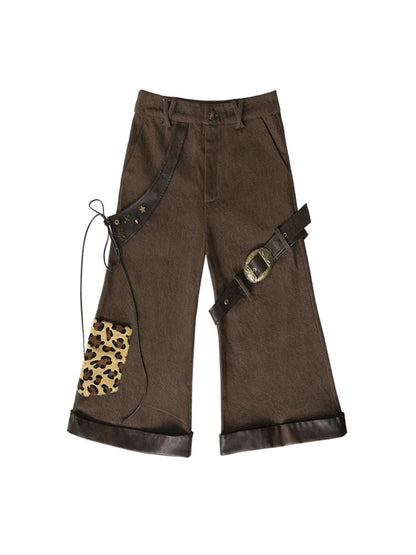 Leopard Leather Loose Low Waist Contour Seven Pants