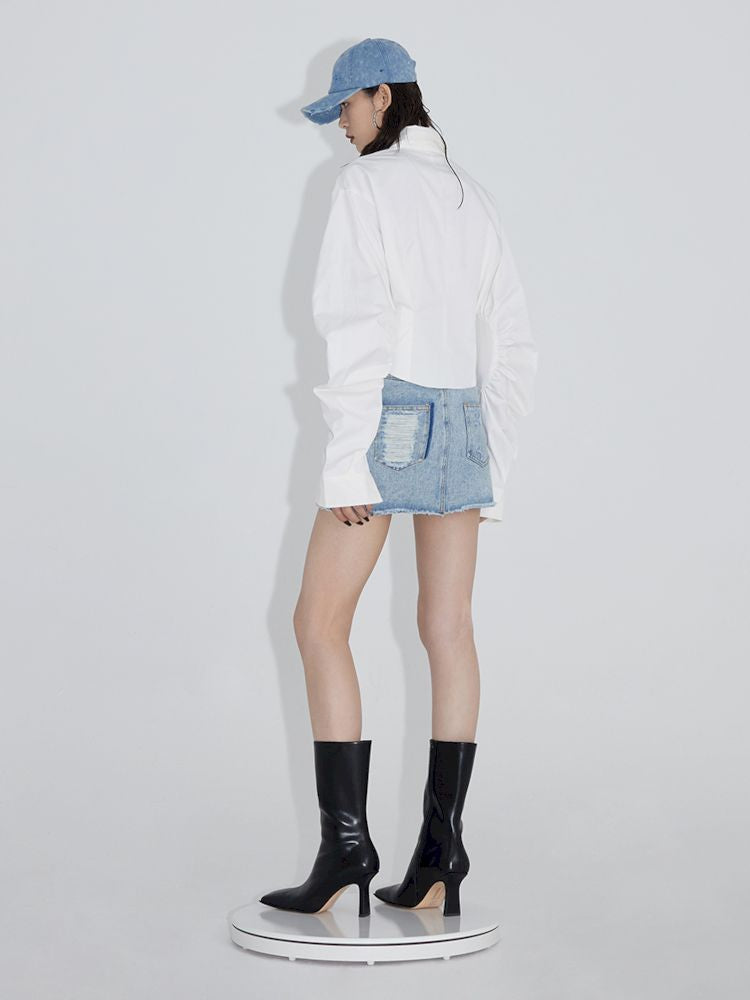 Pinch pleated broken holes Raw edge denim skirt