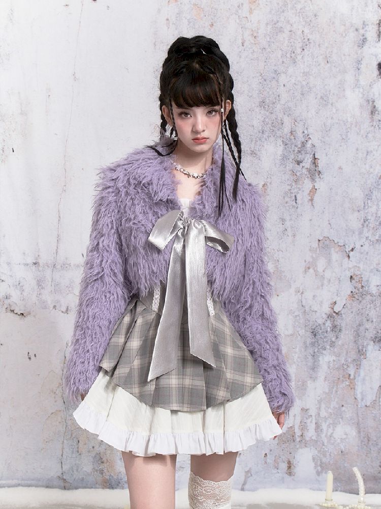 Purple Fox Fur Bow Shoulder Jacket