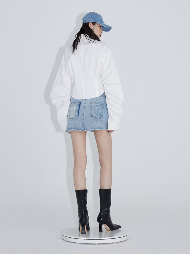 Pinch Pleated Curved Sleeve Short Shirt