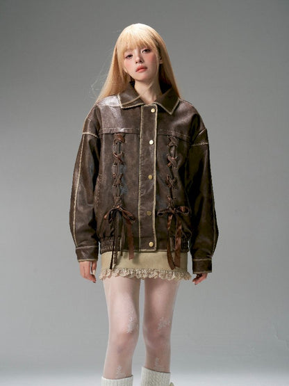 Lace Tie Brown Washed Scrub Color Fur Coat