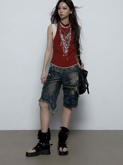 Fake Two Piece Clashing Fringe Patchwork Vest