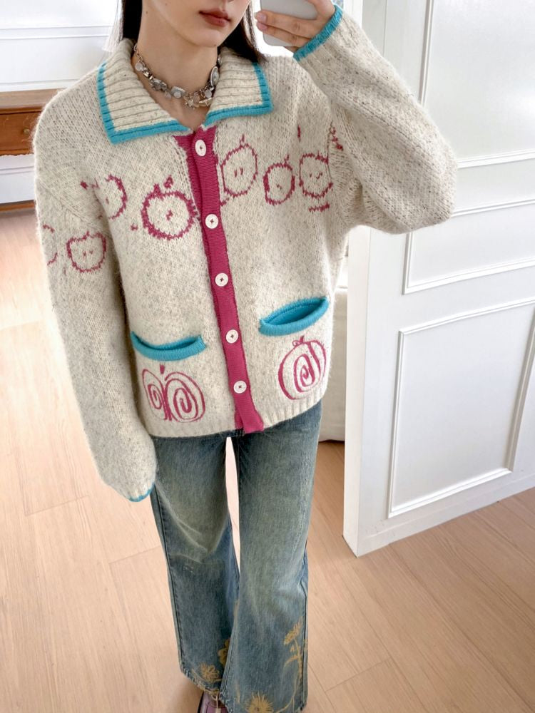 Embroidered Apple Sweater Cardigan