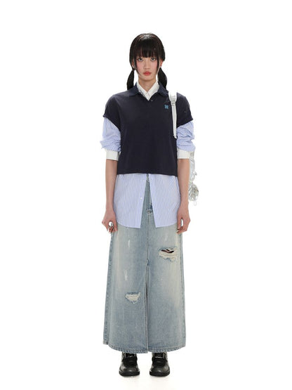 Multiple holes denim long skirt