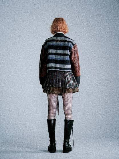 Three-color plaid splicing pleated skirt