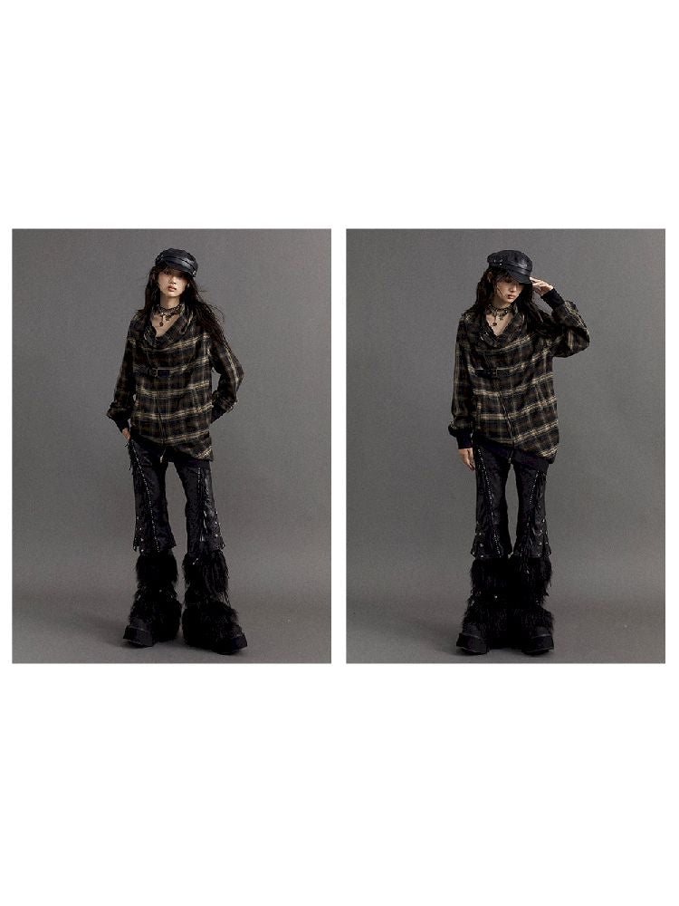 Loose plaid asymmetrical sweater jacket