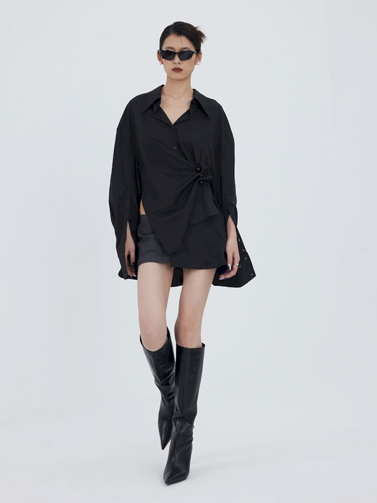 Asymmetric Hem Pleated Loose Pointed Collar Shirt