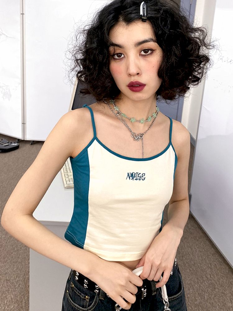 Embroidery Colorblocking Short Camisole Tank