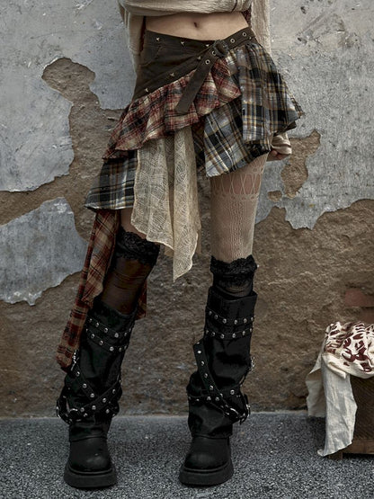 Spliced Plaid Irregular Half-body Skirt