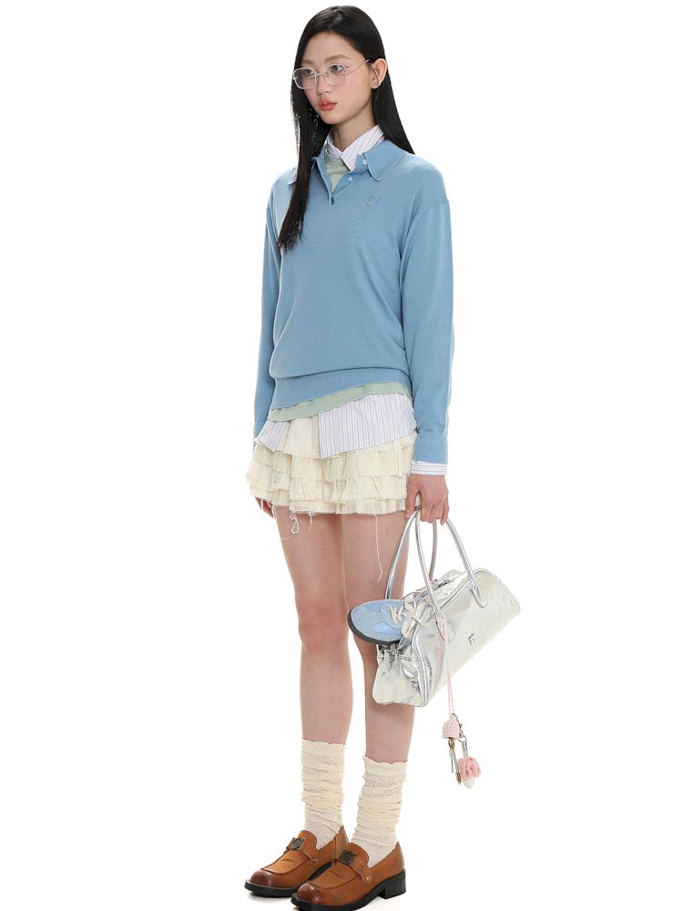 Polo collar long-sleeved jumper