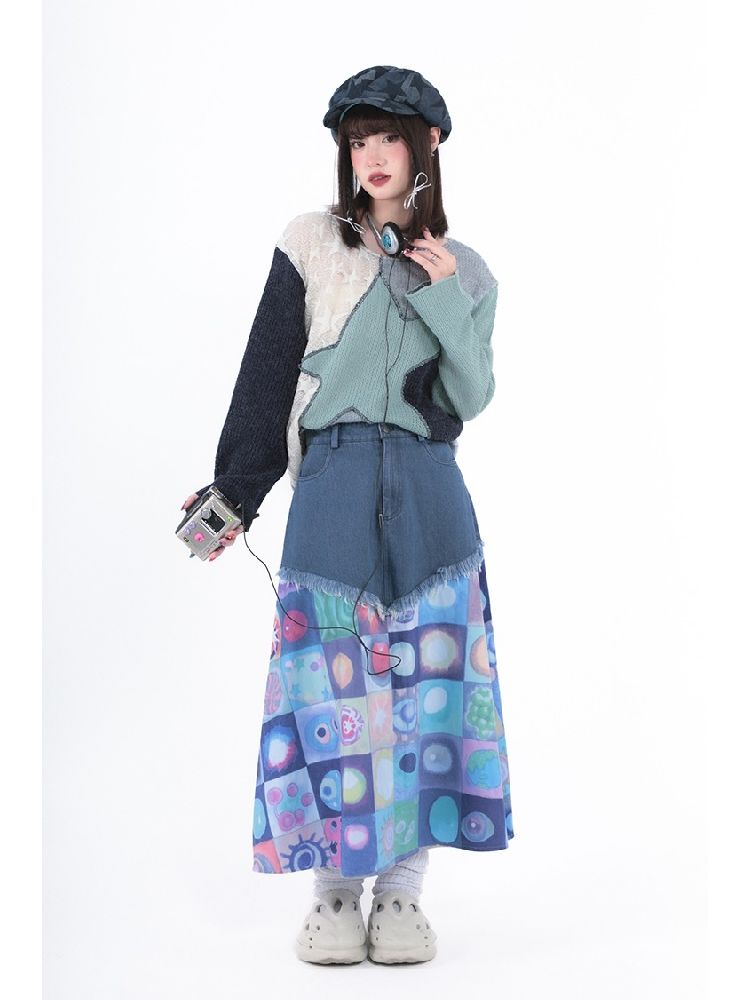 Plaid Patchwork Denim Maxi Skirt