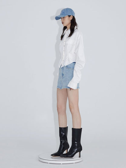 Pinch Pleated Curved Sleeve Short Shirt