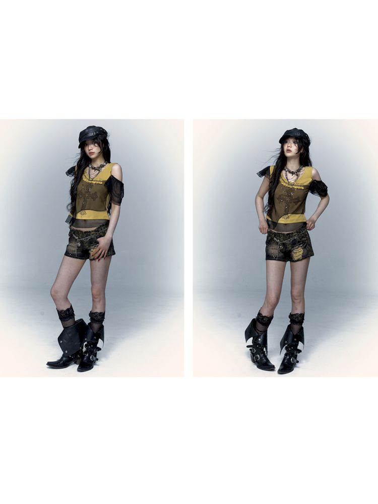 Asymmetric Spliced Mesh Rhinestone Printed Short Sleeve T-Shirt