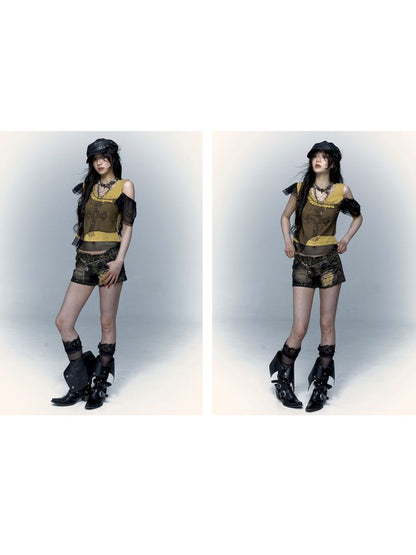 Asymmetric Spliced Mesh Rhinestone Printed Short Sleeve T-Shirt