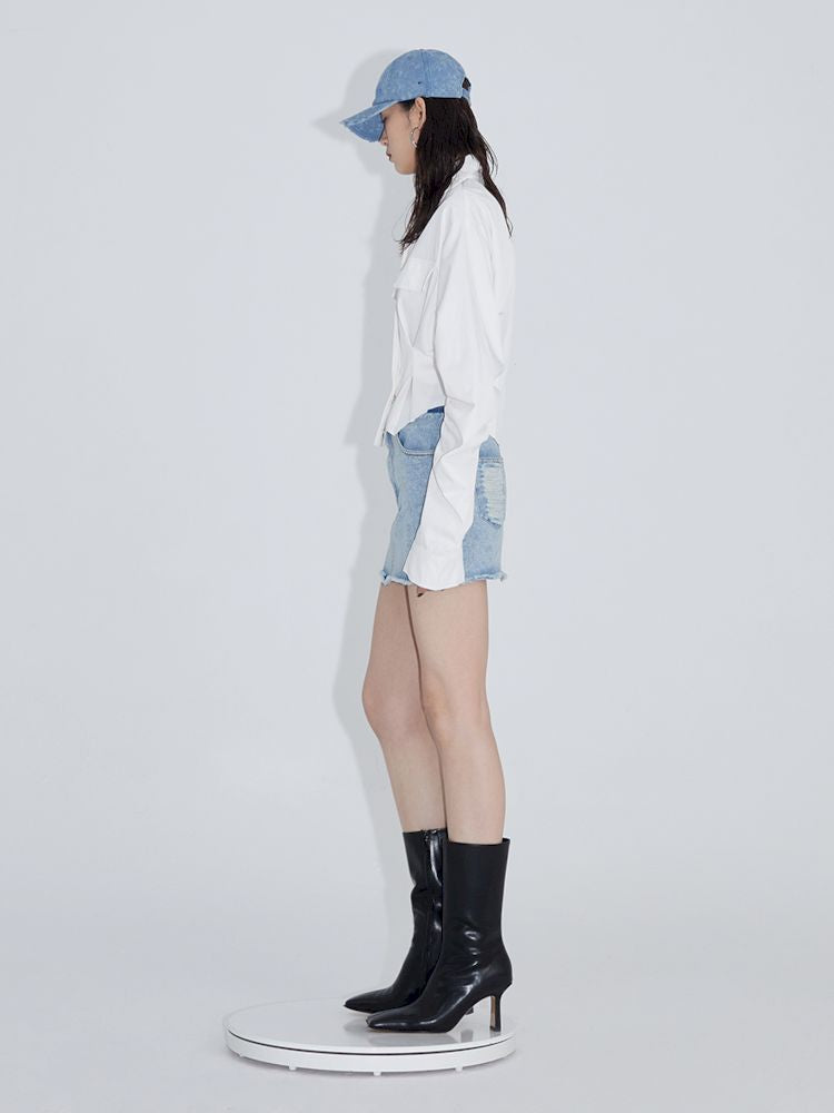 Pinch pleated broken holes Raw edge denim skirt