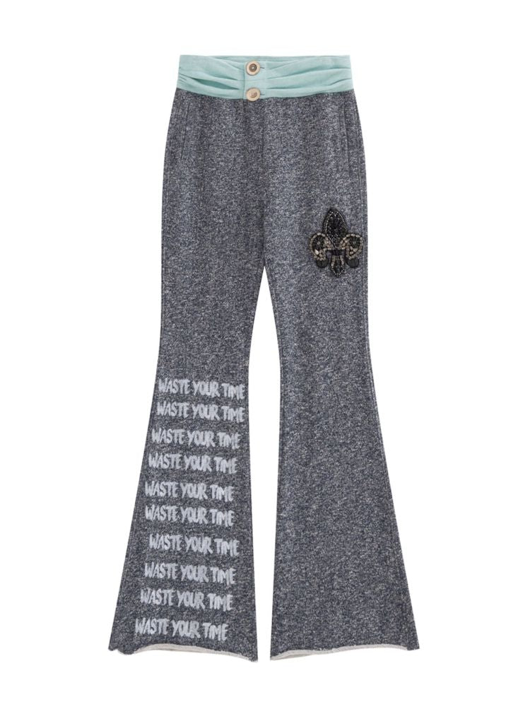 Low Rise Printed Studded Flared Stacked Sweatpants