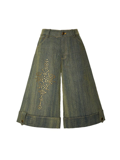 Embellished Rendered Washed Denim Midi Pants