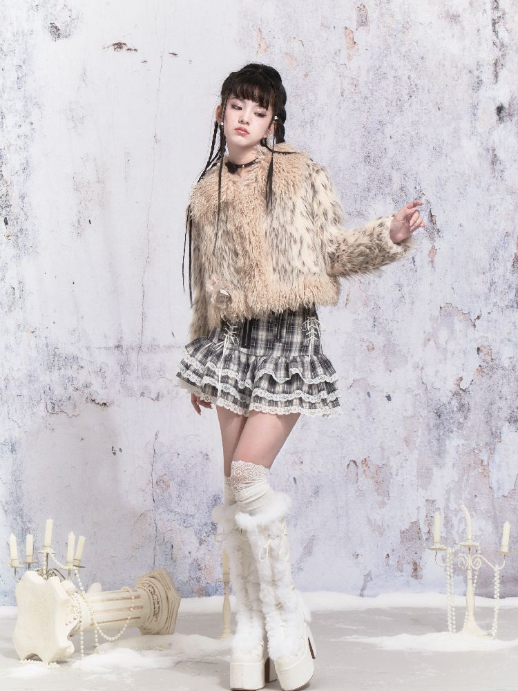 Beige Stripe Patchwork Fox Fur Coat