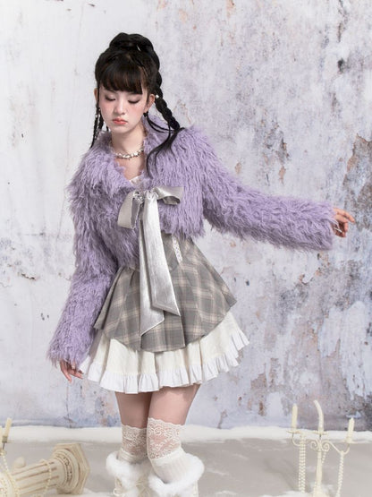 Purple Fox Fur Bow Shoulder Jacket