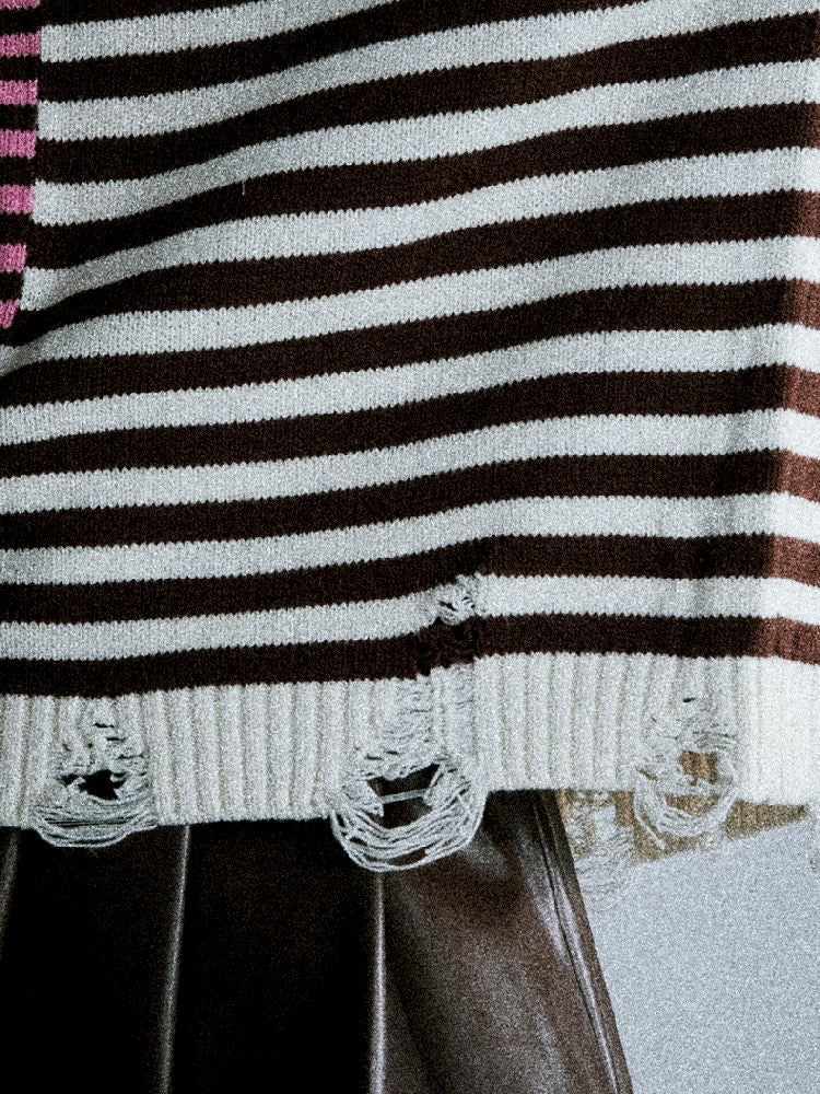 Color-Crossing Stripe Hole Breaking Knit Sweater