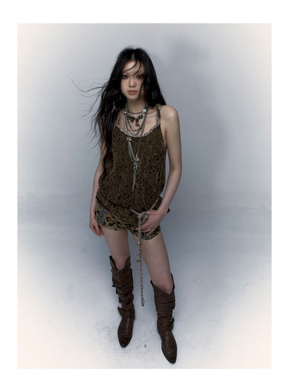 Slouchy Old Hollowed Out Loose Flocked Lace Vest