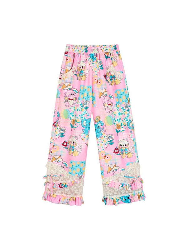 Animal Print Splicing Lace Elastic Waist Loose Wide Leg Trousers