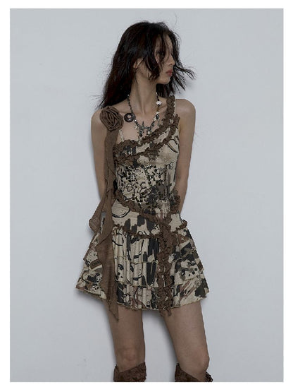 Punk Patchwork Slung Halter Backless Printed Puffy Cake Dress